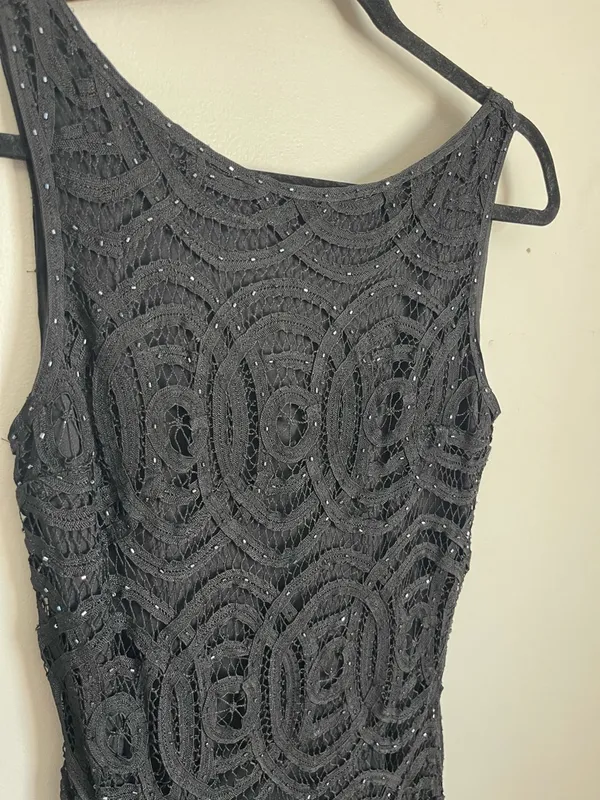 CACHE | Black Beaded Lace Midi Dress Sz S - Image 3