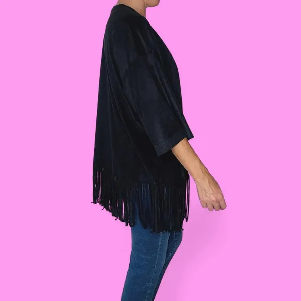 Express Faux Suede Bohemian Festival Fringe Open Cardigan - Image 7