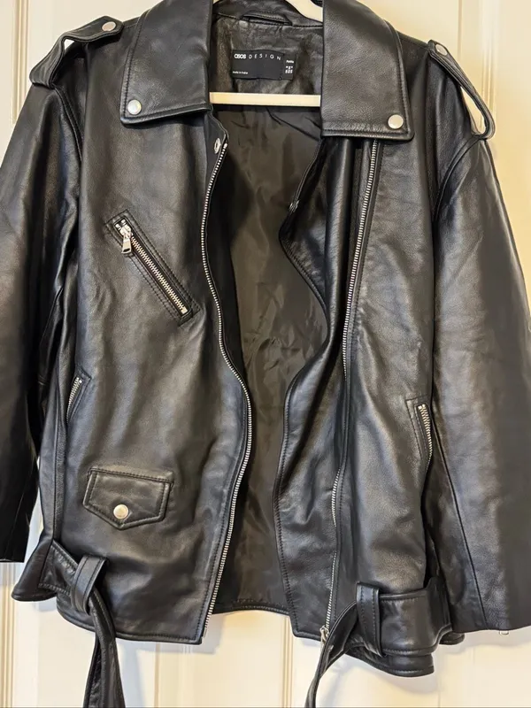 ASOS DESIGN Petite Premium Real Leather Oversized Biker Jacket Black US 4 - Image 5