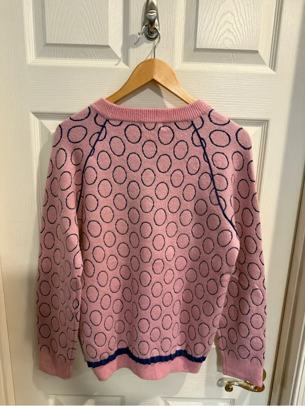 Pink Crewneck Sweater with Navy Polka Detail - Image 9