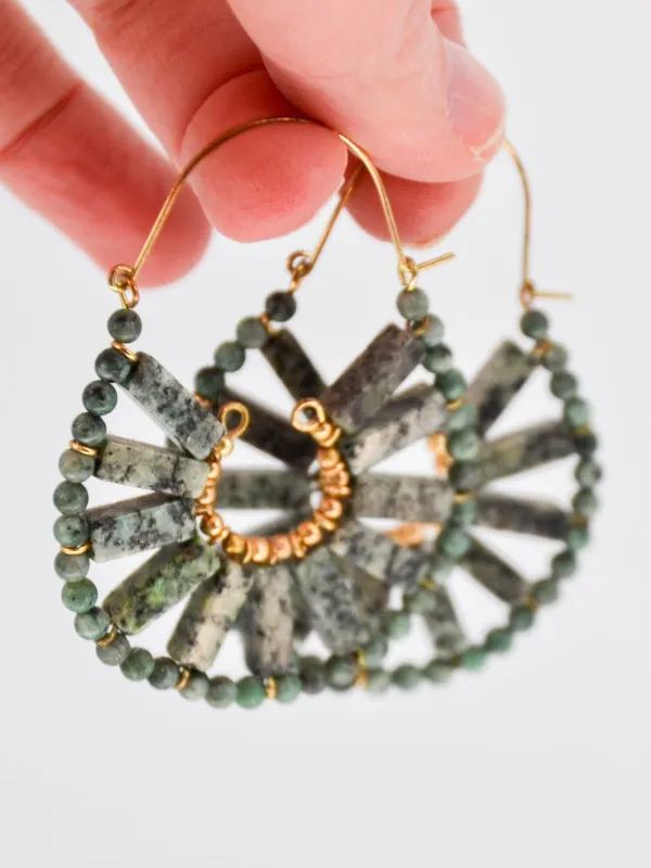 Anthropologie Green Stone Hoop Earrings Gold Toned - Image 3