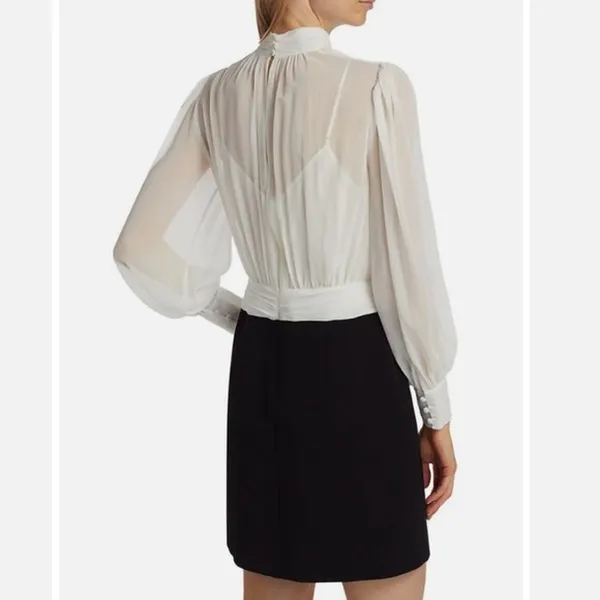 $495‎ Cinq à Sept Holiday Elena White Black Sheer Blouson Mini Dress Sz 2 NEW - Image 3