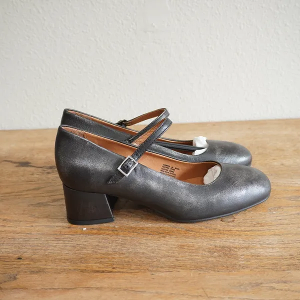 Miz Mooz Gabbie‎ Black Metallic Leather Mary Jane Block Heel Pumps Shoes Size 38 - Image 3