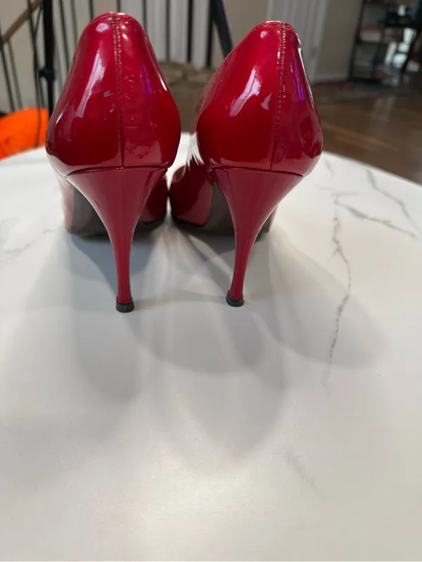 Stuart Weitzman Red Patent Pointed-Toe Pumps with V-Cut - Image 3