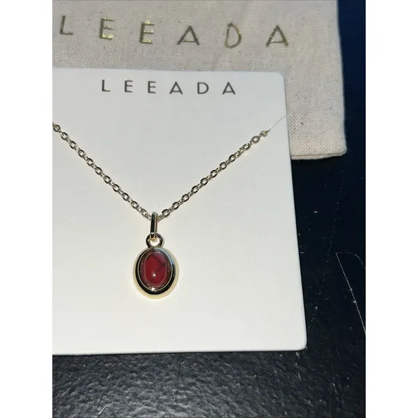 Leeada Gold Plated Red Oval Bezel Gemstone Pendant Necklace Pouch 18-20" Chain - Image 3