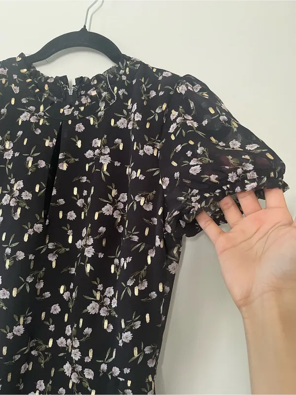 Black Pink Dainty Floral Chiffon Puff Sleeve Mini Dress Small Romantic Tea Party - Image 5