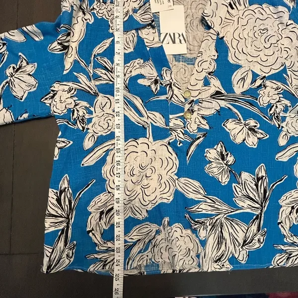 ZARA Blue White Floral Linen Blend Blouse Top NWT XL Oversized Kimono Sleeve - Image 13