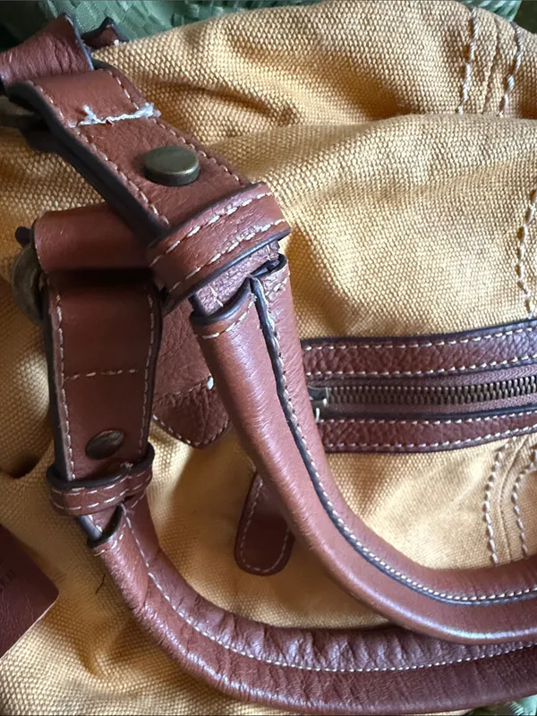 BORN Women’s Canvas Tote Bag with Brown genuine Leather Trim - Mustard - Image 3