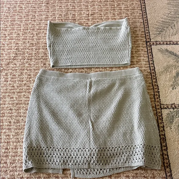 American Eagle Outfitters Sage Green Crochet Tube Top & Mini Skirt Set - Image 2