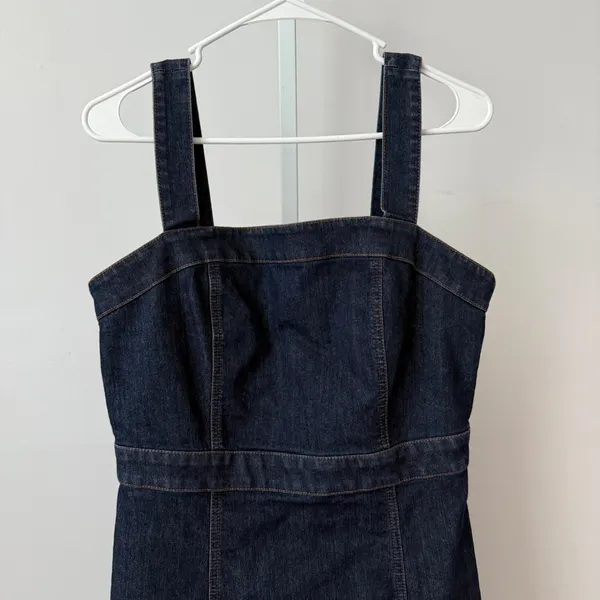 Ann Taylor Factory Dark‎ Wash Denim Pinafore Dress sz 6 Cotton Knee Length - Image 2