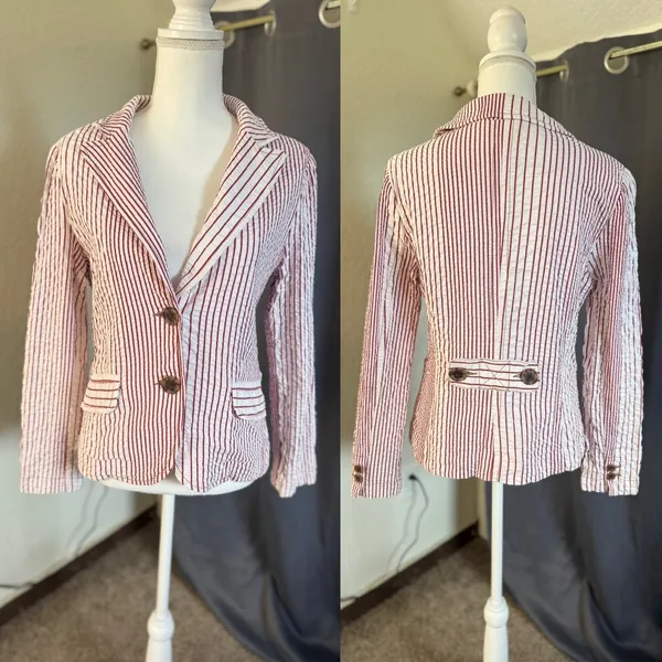 Cabi Captain's Seersucker Striped 2-Button Blazer Womens 10 Red White - Image 3