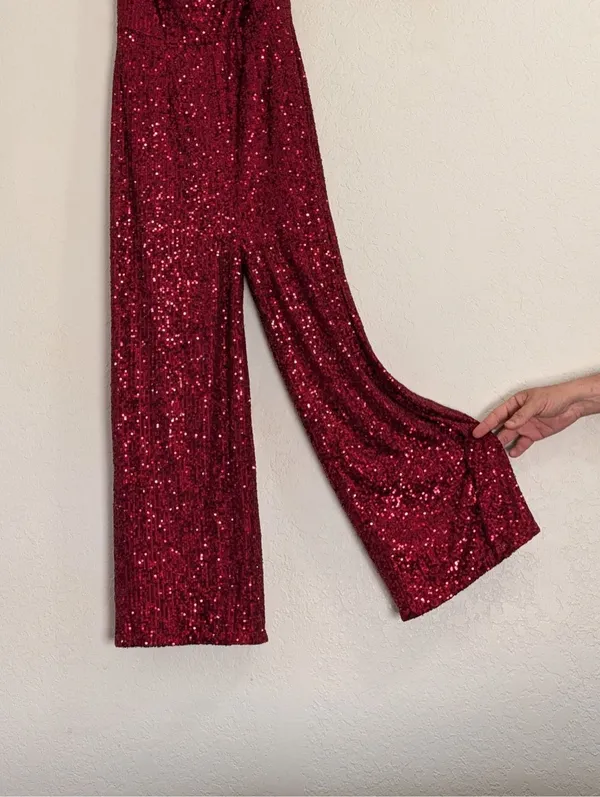 Lulus red sparkly sequin romper jumpsuit size M holiday Christmas - Image 3