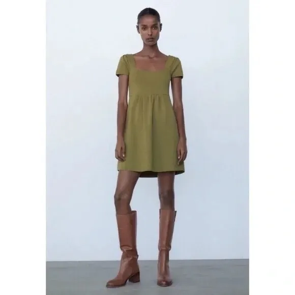 ZARA Squared Mini Babydoll Dress Puff Sleeves Solid Olive Green Knit Small - Image 4