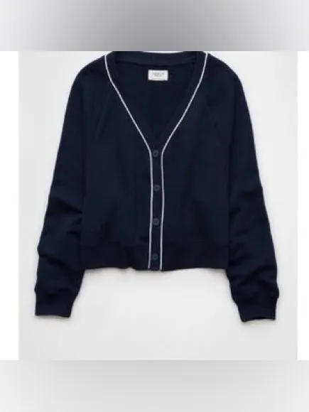 American Eagle Navy Cropped Cardigan Sweater White Trim Button Front Preppy S - Image 9