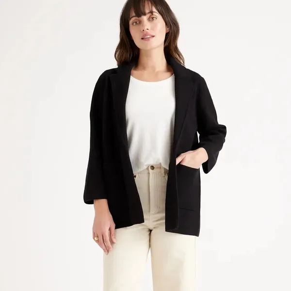Quince 100% Organic Cotton Black Soft Relaxed Open Front Knit Blazer Medium - Image 3
