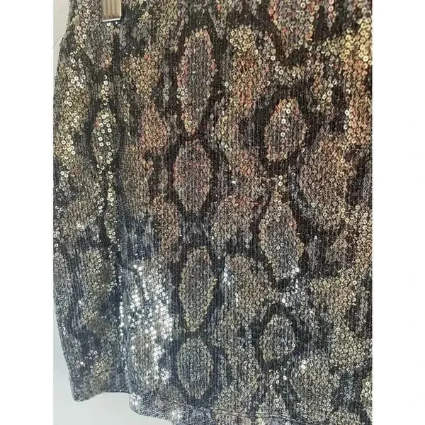 Y2K Express Sequin Snakeskin Pattern Mini Skirt - Black/Gold - Size XS 0289‎ - Image 2