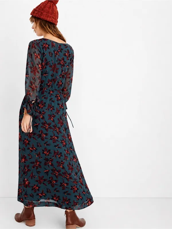 Madewell Green Floral Winter Orchid Willowleaf Tie Sleeves Maxi Dress 10 - Image 5