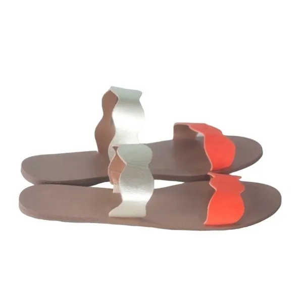 J.Crew Scalloped gold Metallic orange Leather Sandals slides Resortwear Vacation - Image 2