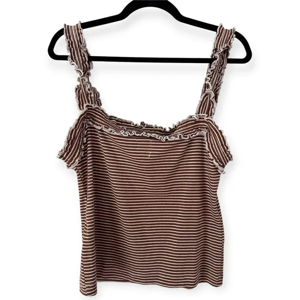 Anthropologie Maeve Dorrie Ruffled Cami Tank Top Size XL Brown White - Image 3