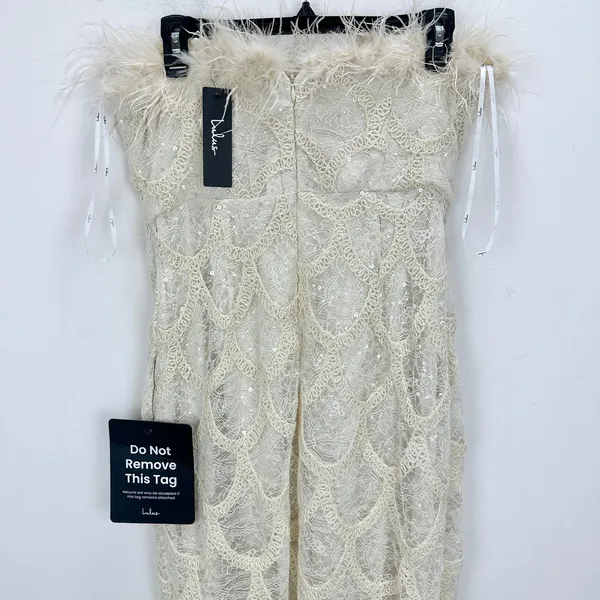 Lulus Uniquely Confident Cream Lace Feather Strapless Midi Dress Cocktail L NWT - Image 9