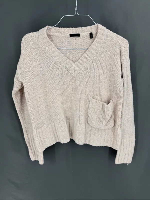 ATM Cropped Long Sleeve Slouchy Pocket V-Neck Sweater - Image 2