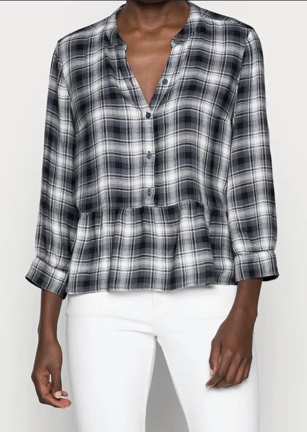 Abercrombie & Fitch Blk/White Plaid Babydoll Top Medium Soft Thin Flannel Peplum - Image 3