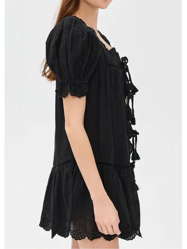 Sea New York Women’s Mae Short Sleeve Coverup Tie Front Black Cotton Mini Dress - Image 8