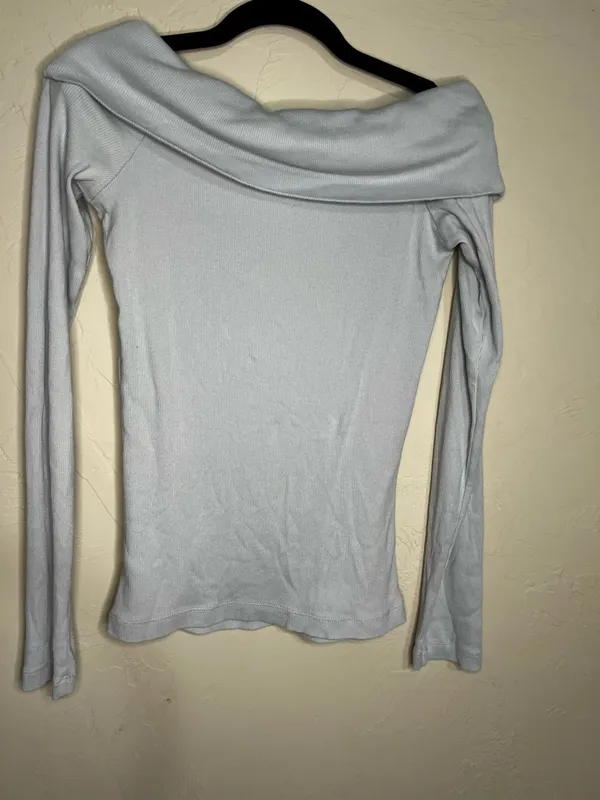 Pilcro Anthropologie Off The Shoulder Light Blue Micro Ribbed Long Sleeve‎ Top - Image 8