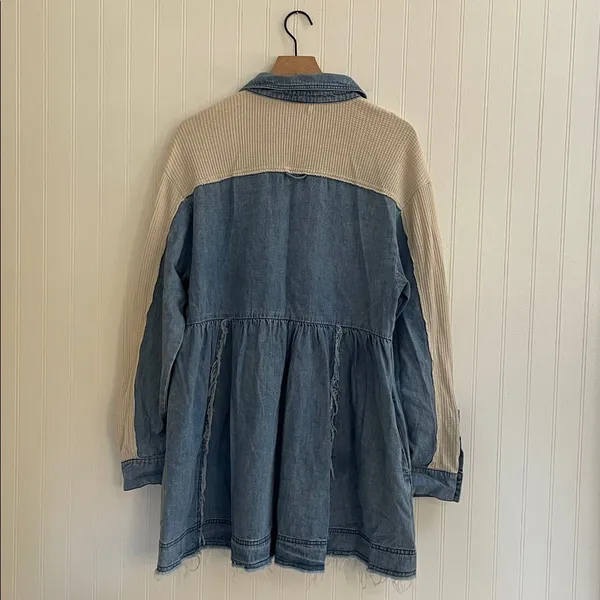 FREE PEOPLE Kenny Denim Mini Dress Tunic Waffle Raw Hem Boho Babydoll Size S - Image 6