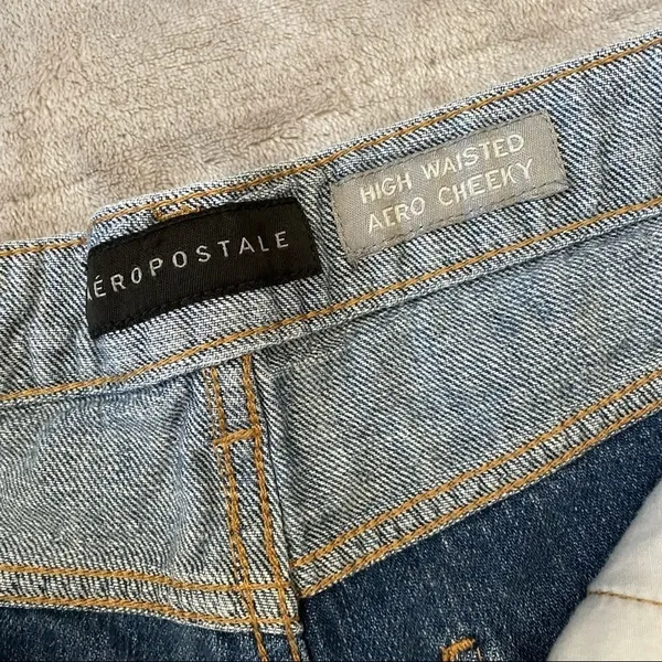 Aeropostale High Waisted Aero Cheeky Two-Tone Denim‎ Jean Shorts Fringe Cotton - Image 4