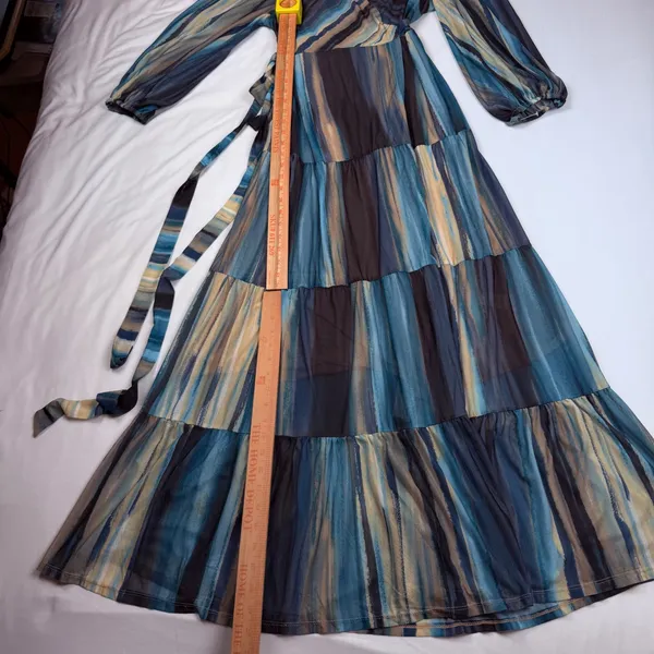 Elan Blue Abstract Stripe Mesh Wrap Tiered Maxi Dress PM50037 Medium NWT - Image 4