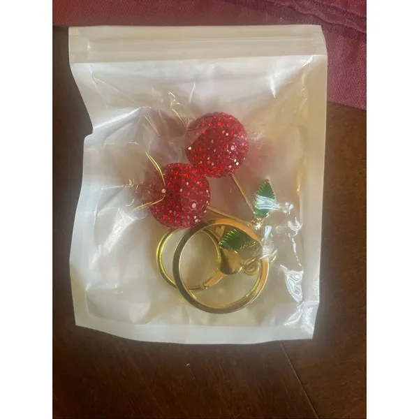 Red Cherry Rhinestone Keychain Sparkle Pendant Bag Charm Cute Accessory - Image 5