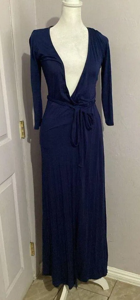 Lulu’s Lovely Navy Blue Gown Long Sleeve Maxi Dress Stretch Jersey S - Image 2
