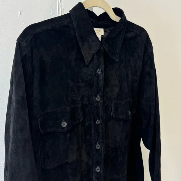 Vintage Jones New York Genuine Leather Suede Button Jacket‎ Shacket Shirt Blk 1X - Image 6