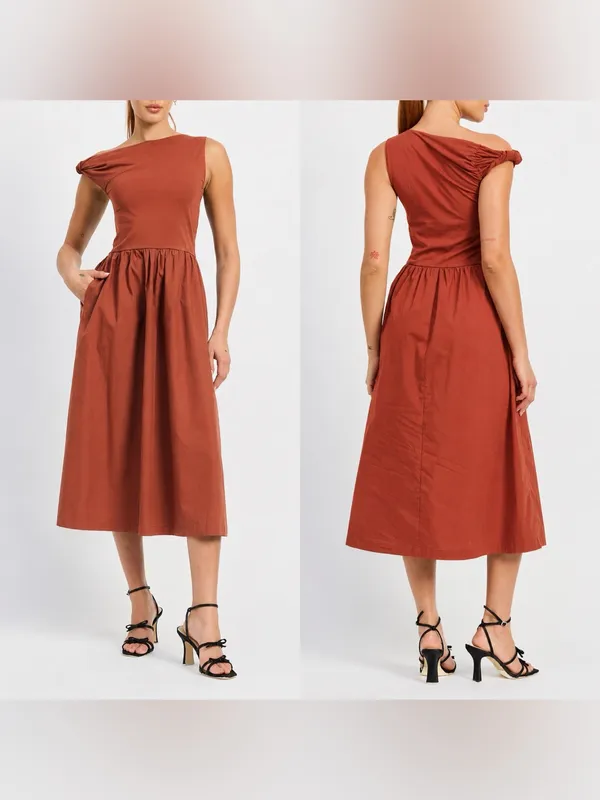 En Saison Rust Brown Mixed Media Asymmetric Neck Midi Dress XS - Image 2