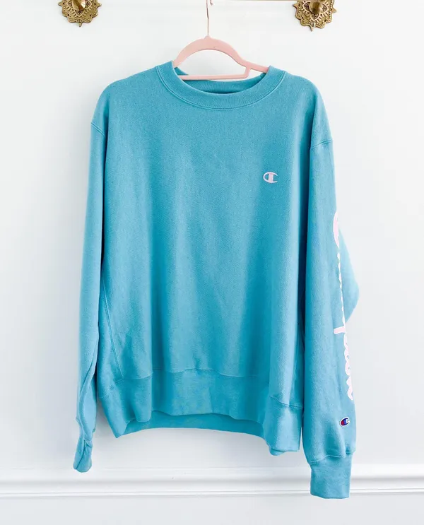 Urban Outfitters Champion Teal Pink Script Logo Crewneck Sweatshirt - Image 2