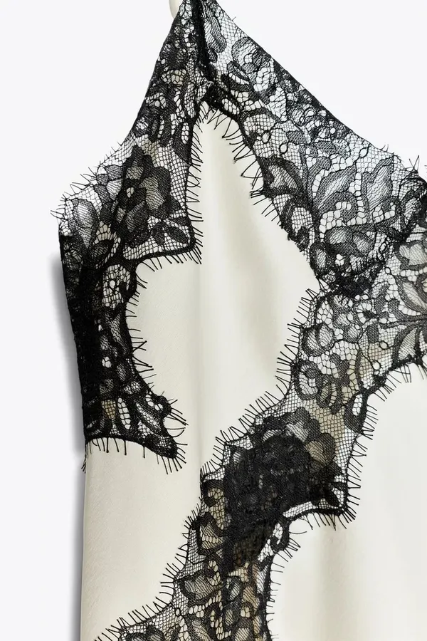 Zara Satin Lace-Trim Slip Dress - Lingerie White with Black Lace - Image 15
