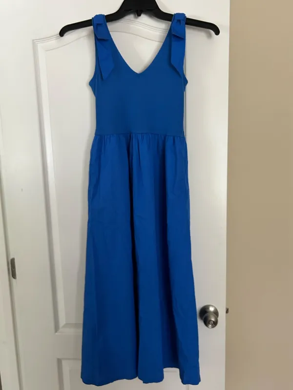 J Crew Sleeveless V-Neck Ribbed Knit Tank Bodice Midi Dress Bow Straps - Image 3