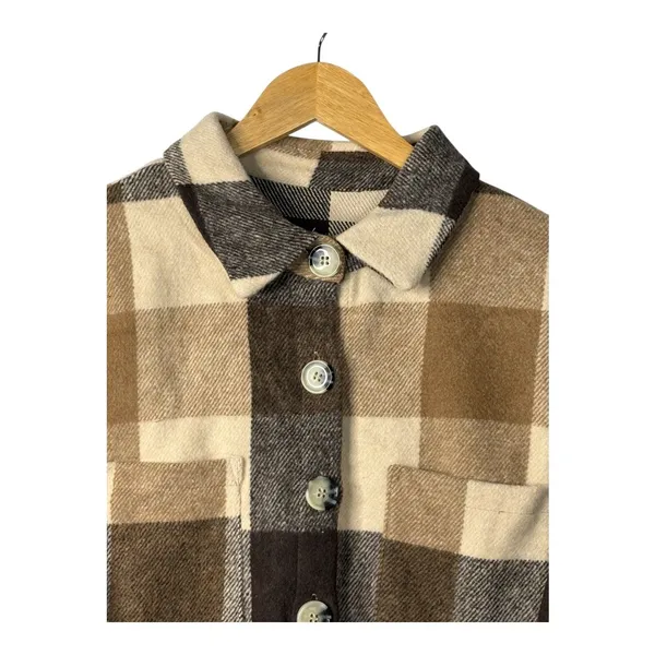 Plaid Shacket Women Large Brown Checkered Button Up Oversized Flannel Cozy Cabin - Image 3