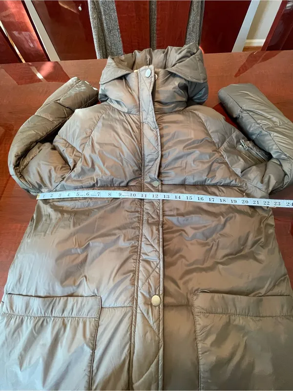 Mango Basics Long Hooded Puffer Coat Olive Green Sherpa Lined Quilted Jacket M - Image 12