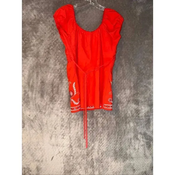 Vintage Y2K Orange Embroidered Belted Waist Short Sleeve Top Large #757 - Image 4