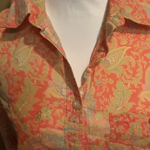Lauren Ralph Lauren Orange Floral Long Roll Tab Sleeve Pockets Blouse‎ Large - Image 4