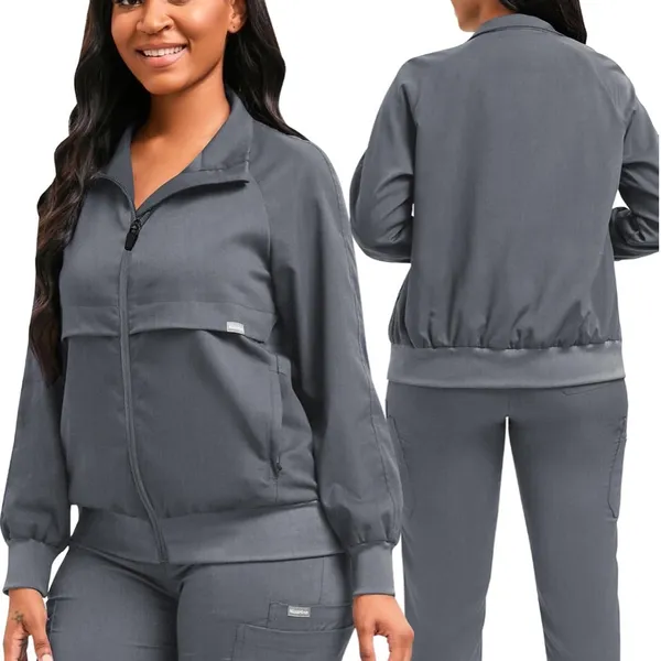 Amazon Heather Grey Zip Up Bomber Scrub Jacket Women’s Medium - Image 3