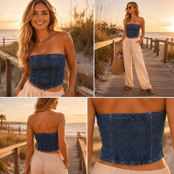 Lone Star Womens Denim Tube Top Medium Wash Zip Front Smocked Back Corset Large - Image 2