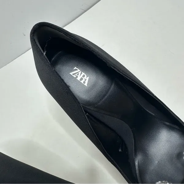 Zara Black Pointed Toe Silver Bow Stiletto Heels Size 39 - Image 4