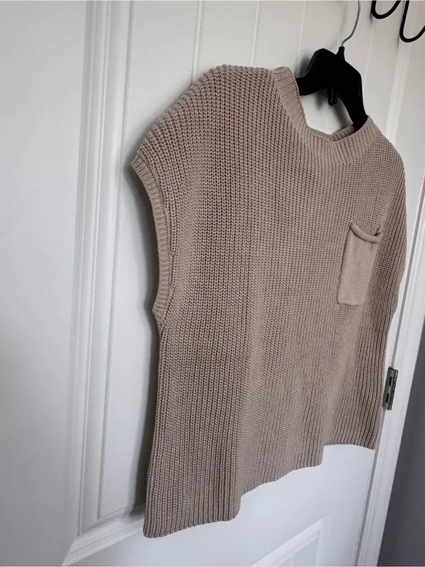 LILLUSORY Taupe 100% Cotton Cap Sleeve Pocket Knit Sweater Top L‎ - Image 4
