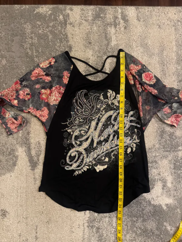 Harley-Davidson Black Raglan Top with Pink Floral Sleeves - Image 6