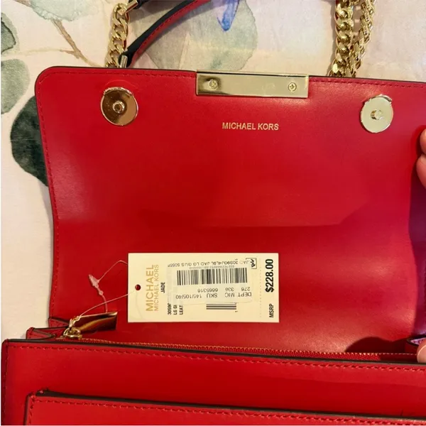 Michael Kors Red Shoulder Bag with Gold Chain - Image 5