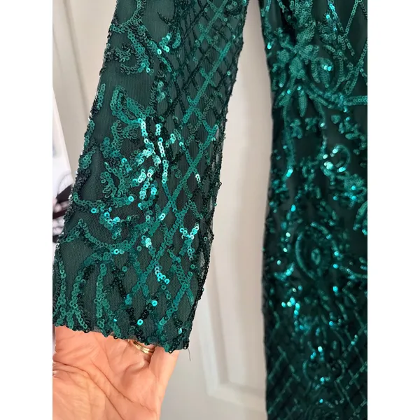 Unique Vintage 1920s Margaux Emerald Green Sequin Fringe Flapper Dress Small 4 - Image 4