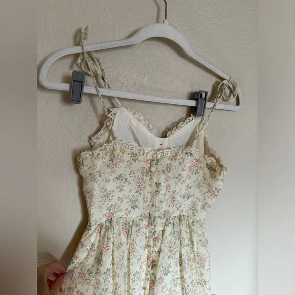Vintage 70s Candi Jones Ditsy Floral Sun Maxi Dress Sz‎ XXS Strappy Ties Yellow - Image 7